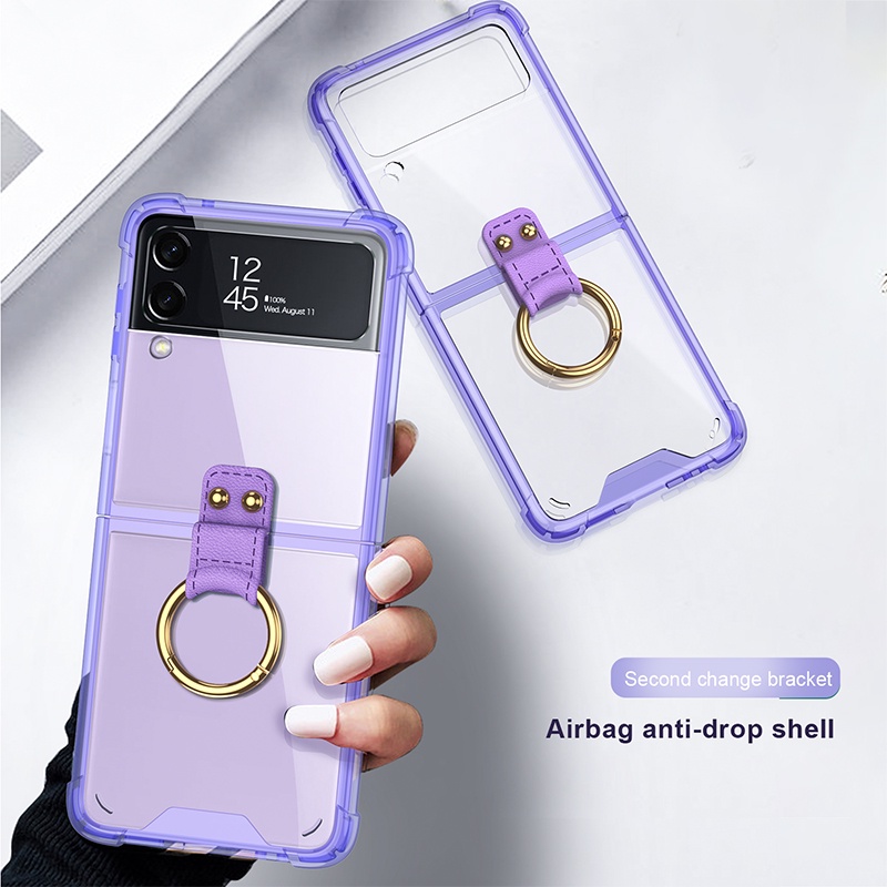 Ốp điện thoại silicone mềm trong suốt có túi khí chống rơi/chống sốc có giá đỡ dạng nhẫn cho Samsung Galaxy Z Flip 3
