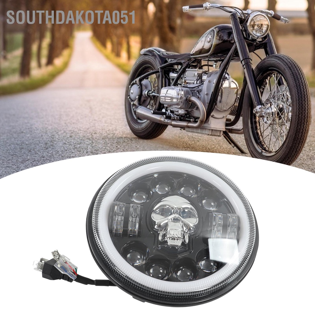 Southdakota051 Đèn pha xe máy 7in LED Angel Eye Headlight Mẫu đầu lâu Ánh sáng trắng Chống thấm nước Sửa đổi phổ quát