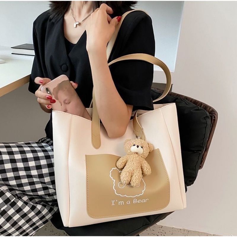 Túi tote nữ tặng kèm gấu để vừa latop giấy a4 to rộng dãi để đồ