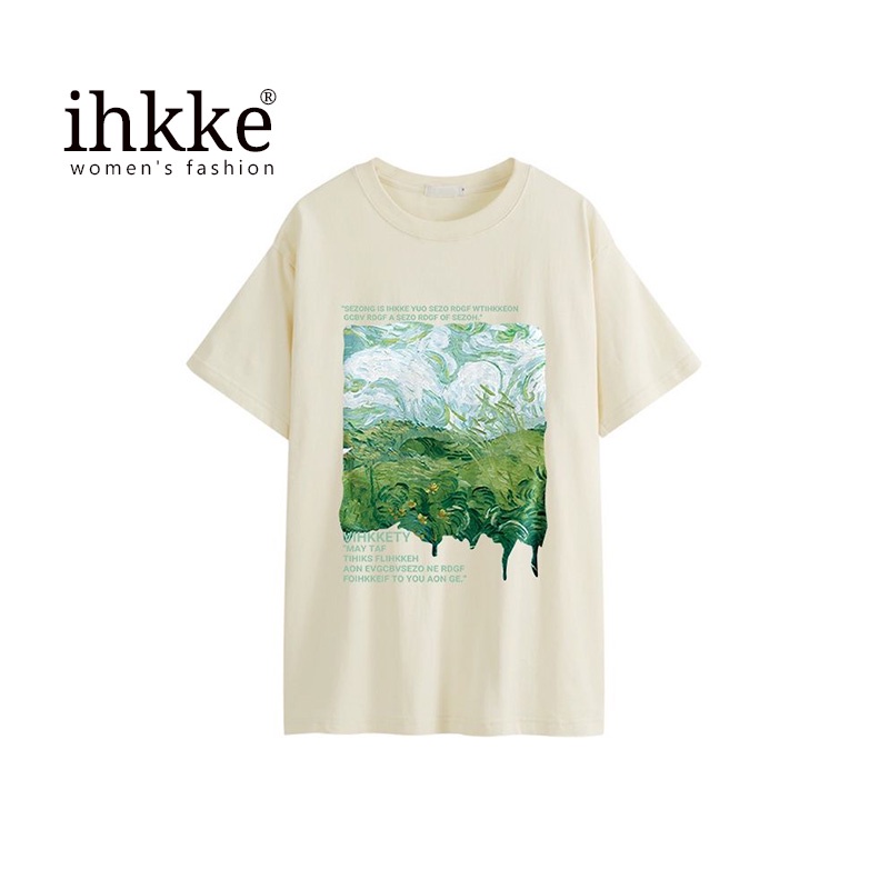 Áo thun Ihkke vải cotton ngắn tay dáng rộng in họa tiết phong cách Mỹ cổ điển thời trang cho nữ