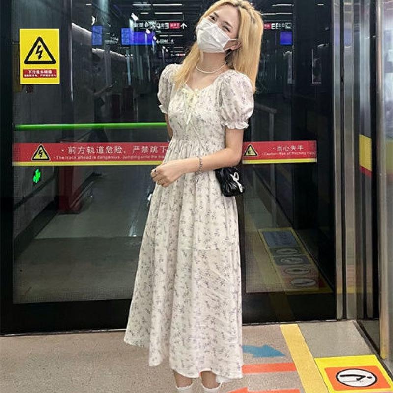 Đầm chiffon MURIOKI dáng chữ A cổ vuông tay phồng in họa tiết hoa phong cách Hàn Quốc thời trang cho nữ