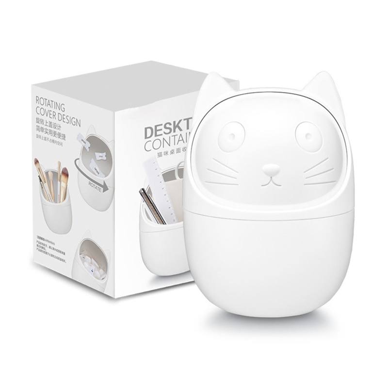 Thùng Đựng Rác Nắp Lật Xoay Mini Để Bàn Hình Mèo Hoạt Hình Dễ Thương
