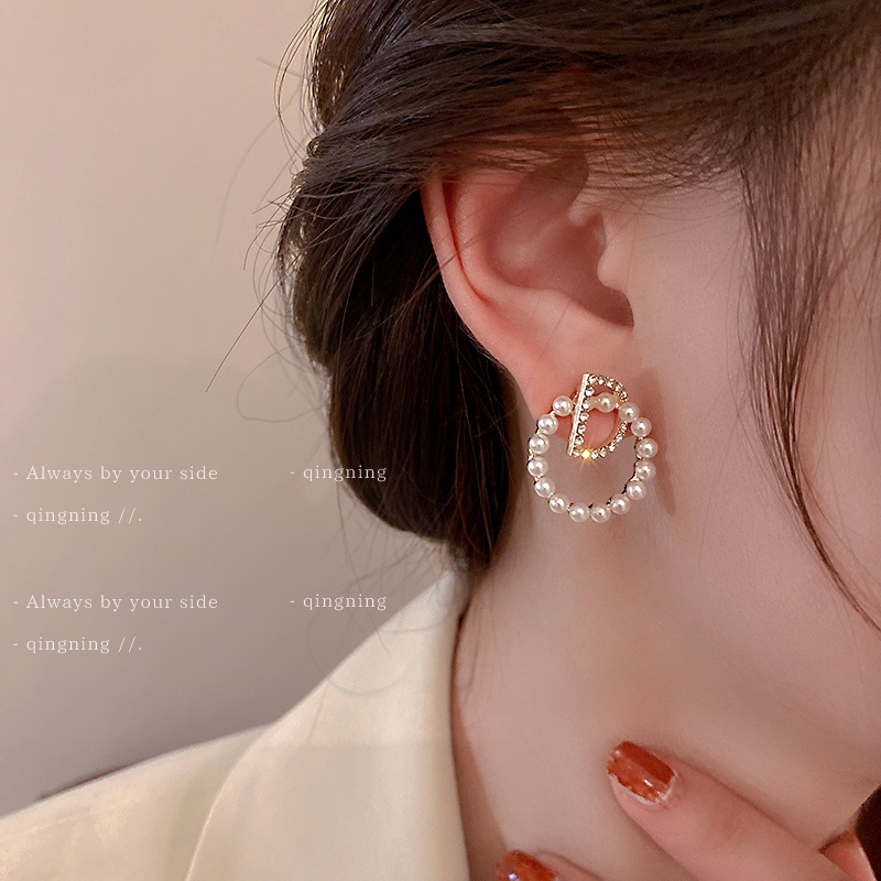 DREJEW Bông Tai Hình Chữ D Đính Ngọc Trai Kim Cương Giả Phong Cách Hàn Quốc Đơn Giản Dễ Phối Đồ