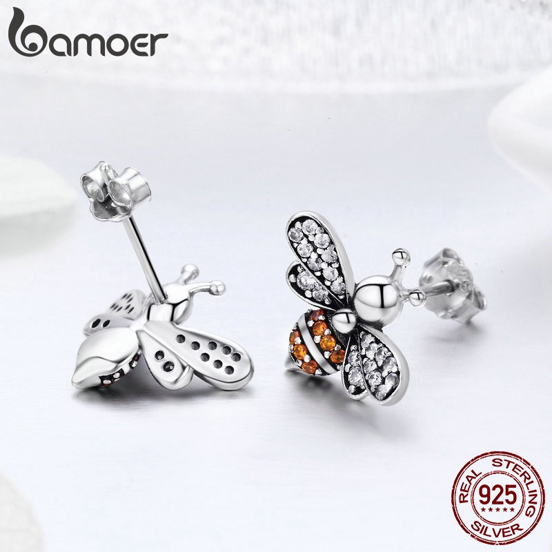 Khuyên Tai Bamoer Hình Chú Ong Đính Đá Zircon Thời Trang Sang Trọng Độc Đáo