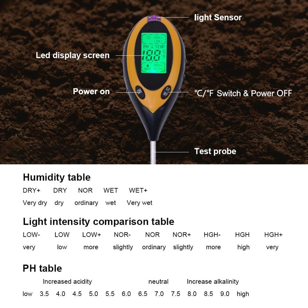 Máy đo PH điện tử, Dụng cụ đo độ PH đất 4 trong 1, Que thử PH, Độ ẩm, Ánh sáng, Nhiệt độ