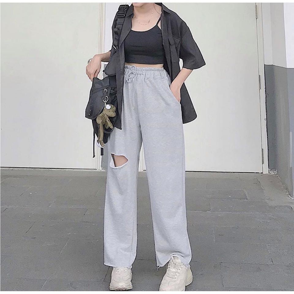 &lt; TẶNG GIẤY THƠM &gt; Quần Baggy suông rách gối - Vải Thun Hàn Quốc Chính Phẩm [ Form chuẩn UNISEX ]