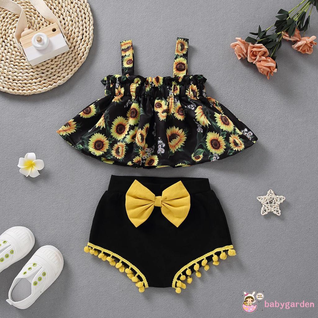Set Đồ Mùa Hè 2 Món Gồm Áo Hai Dây In Hoa Hướng Dương + Chân Váy Yếm Đính Nơ Cho Bé Gái 0-12 Tháng Tuổi