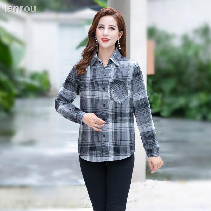 Đầm Sơ Mi Cotton Tay Dài Họa Tiết Sọc Caro Thời Trang Xuân Thu Cho Nữ Trung Niên