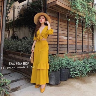 Set áo cột nơ chân váy tầng