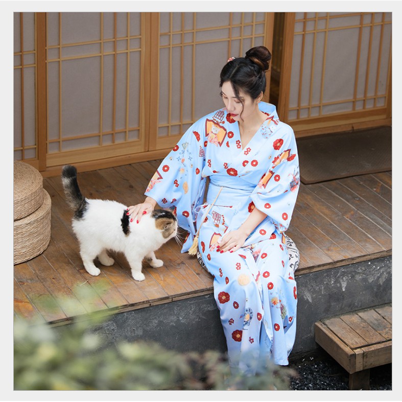 Yukata - Đào Hoa Kỳ Nguyện Miêu - Yukata họa tiết mèo kèm Obi nơ