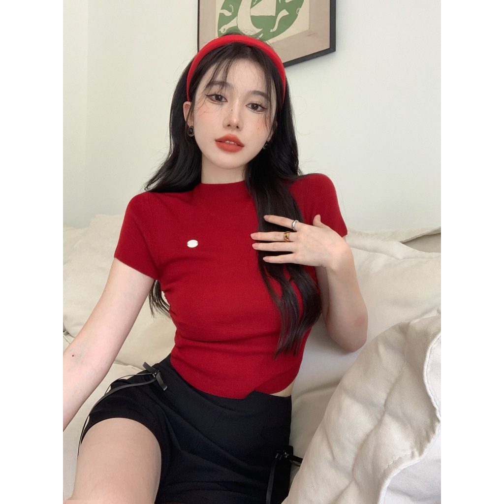621955#Áo Thun Dệt Kim Mỏng Dáng Ôm Tay Ngắn Phong Cách Thời Trang Mùa Hè 2022 Mới