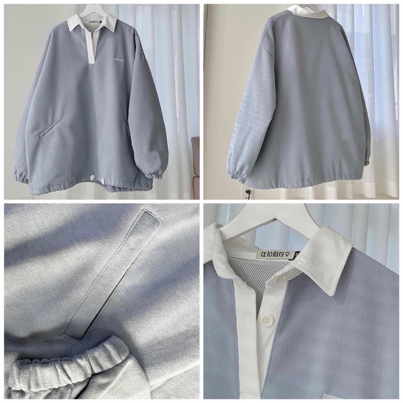 Áo Sweater Polo OZY màu XANH Phối Cổ Trắng Form Rộng Ulzzang Unisex 🖤 Nam nữ unisex 🖤