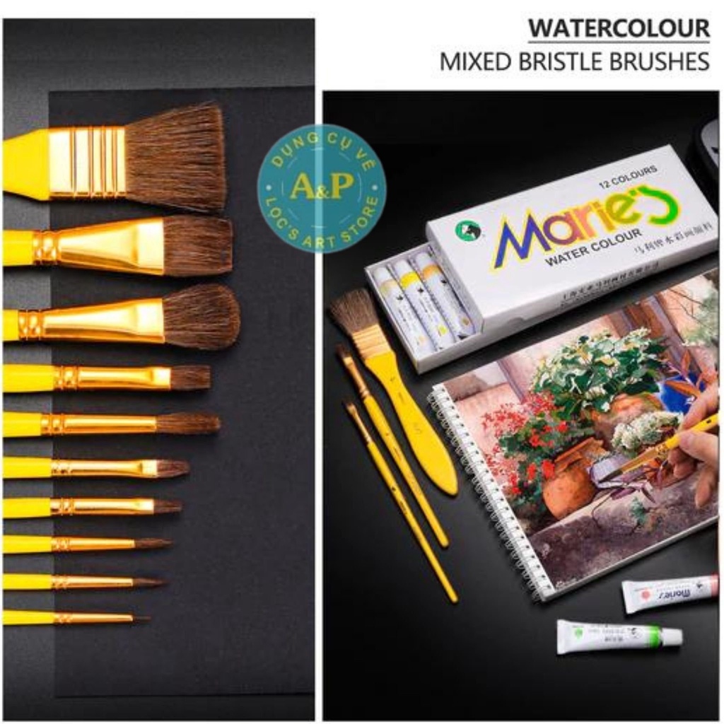 Cọ bộ 10 cây Marie's vẽ màu nước kèm túi đựng Lông Ngựa (watercolor Brush)