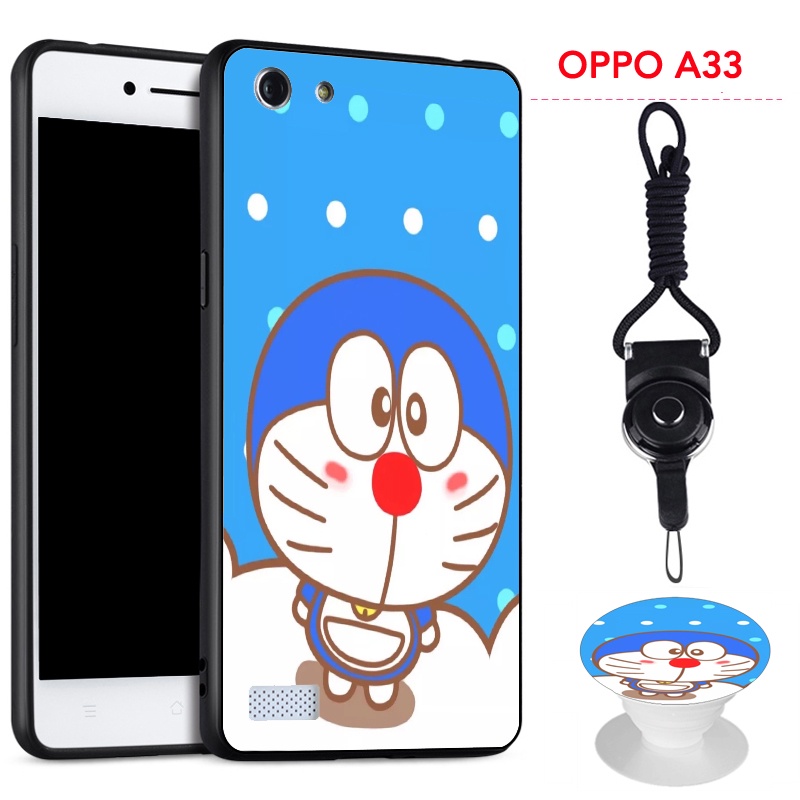 Ốp điện thoại silicon mềm hình Doraemon chống sốc chống va đập có giá đỡ và dây đeo cho OPPO A33/NEO 7