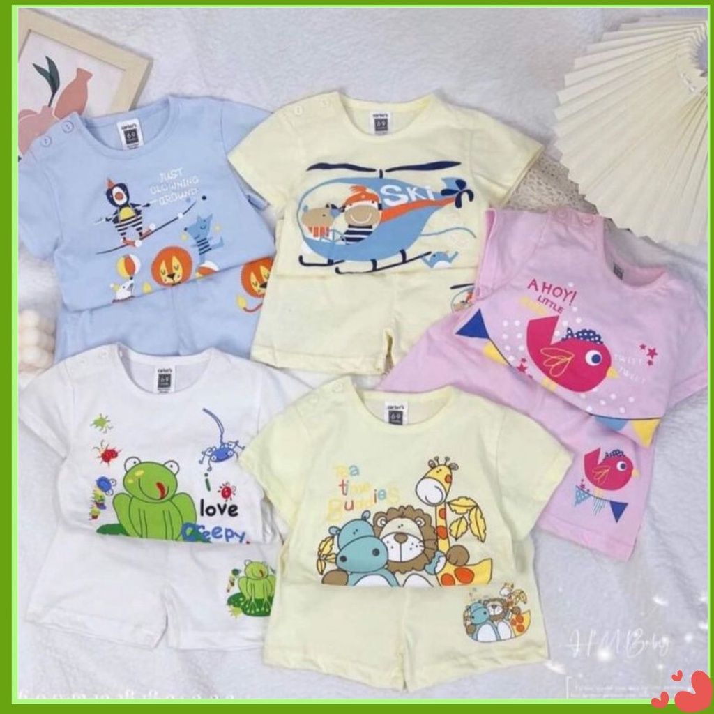 Bộ Quần Áo Cộc Tay Cài Vai Cotton In Hoạ Tiết Con Vật Cho Bé Trai, Bé Gái