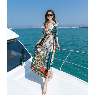 Đầm Maxi tay ngắn cổ chữ V in hoa phong cách Bohemian