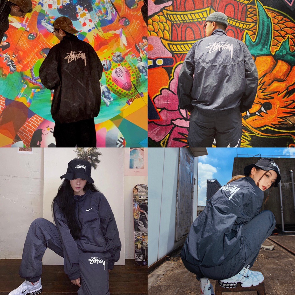Áo Khoác Gió Nike x Stussy Swoosh Tay Dài Phối Khóa Kéo Màu Đen Phong Cách Retro Cho Nam