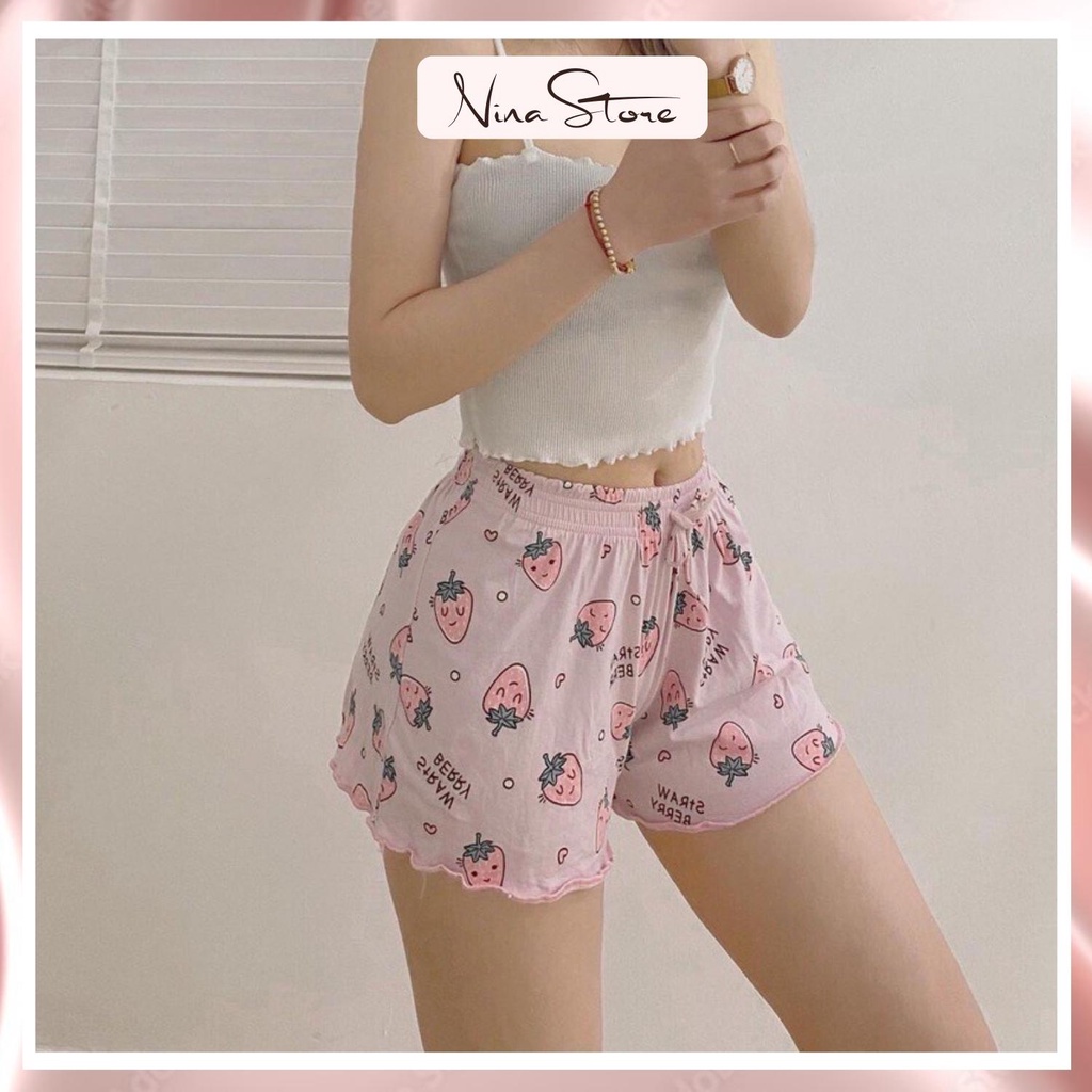 Quần đùi nữ chất cotton, quần short nữ mặc nhà cạp chun thoáng mát họa tiết hoạt hình NinaStore