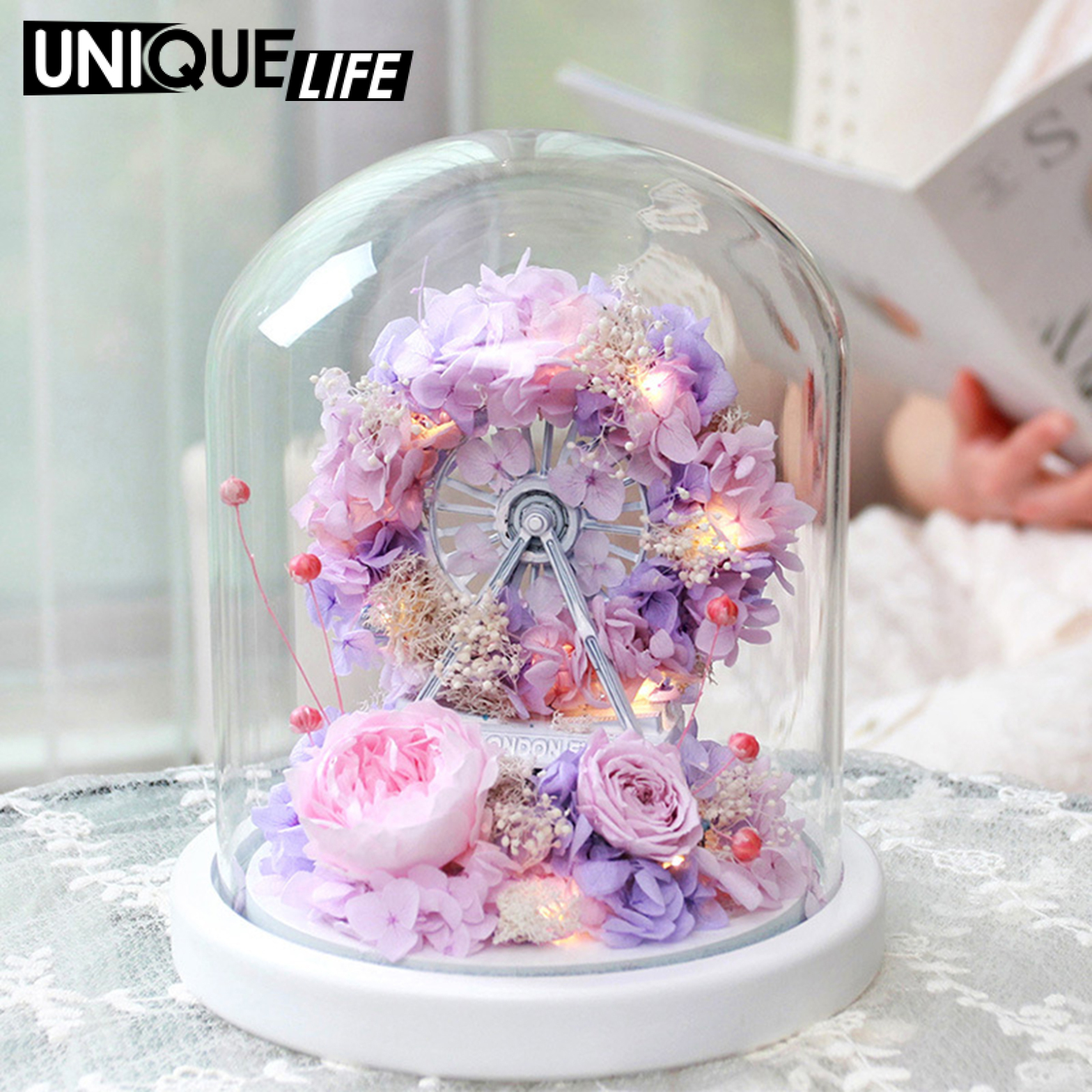 [Unique Life]Handmade Eternal Flower Box Led Ferris Wheel w/ Glass Dome Gift
