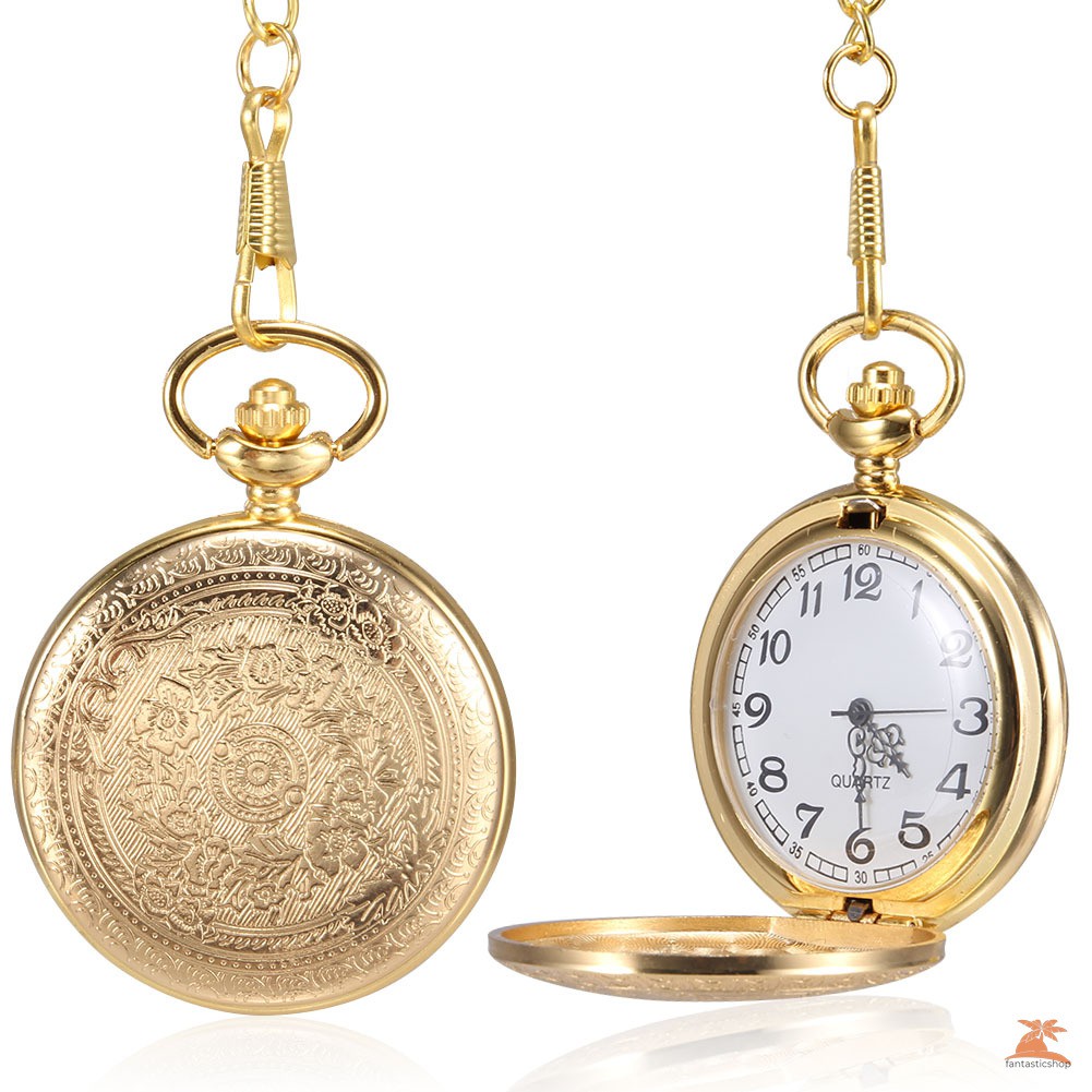 #Đồng hồ bỏ túi# 1pc Men Women Quartz Pocket Watch Golden Carved Pattern Case with Chain