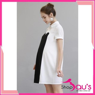 [HÀNG THIẾT KẾ] Váy Bầu Phối Đen Trắng Lạ Cổ Đức- Đầm thiết kế cho Mẹ bầu công sở sang chảnh HD03 -lo9