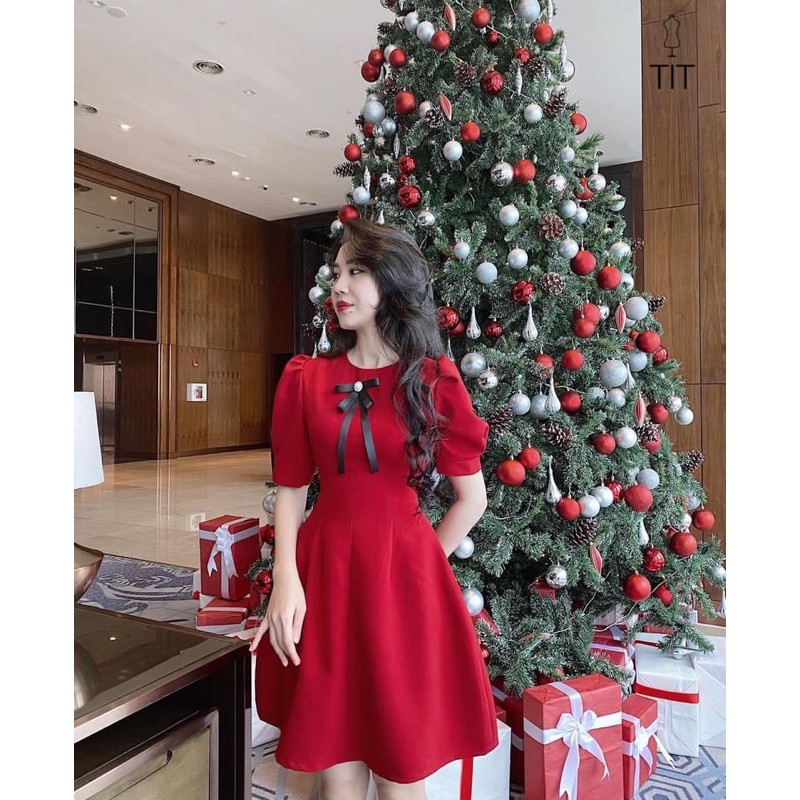 Bán sỉ váy đỏ tay bồng đính nơ đen