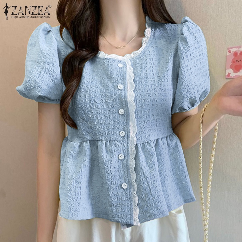 Áo peplum Zanzea tay phồng cổ tròn cài nút thời trang cho nữ