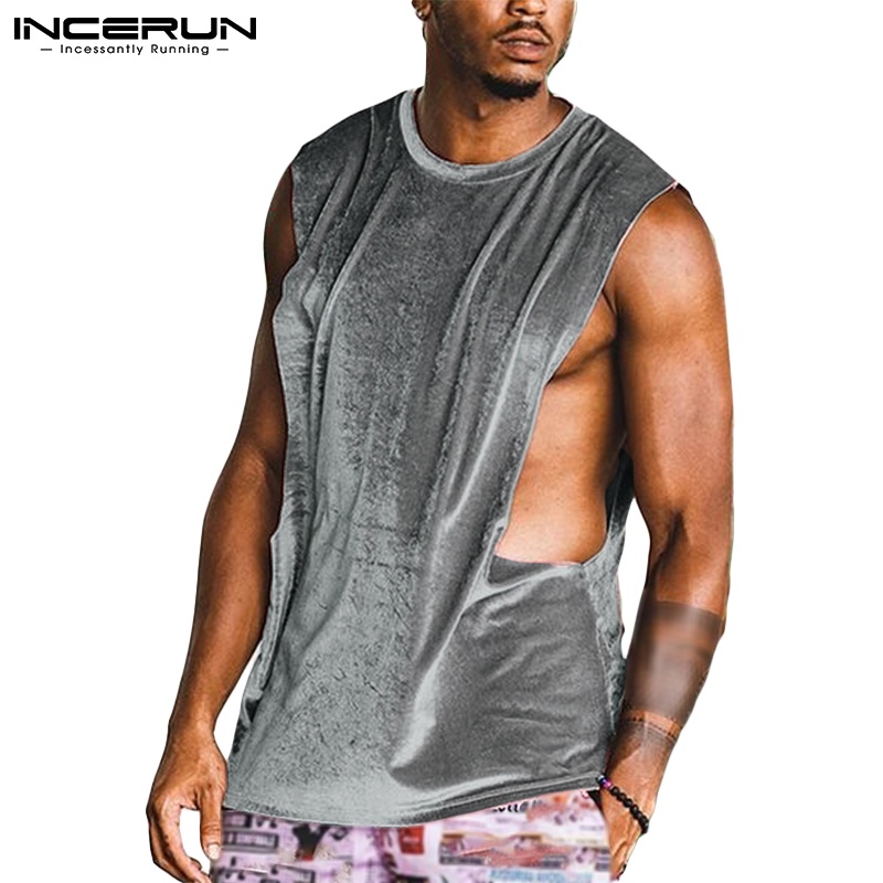 Áo thun ba lỗ INCERUN màu trơn dáng rộng bằng vải nhung thời trang dành cho nam