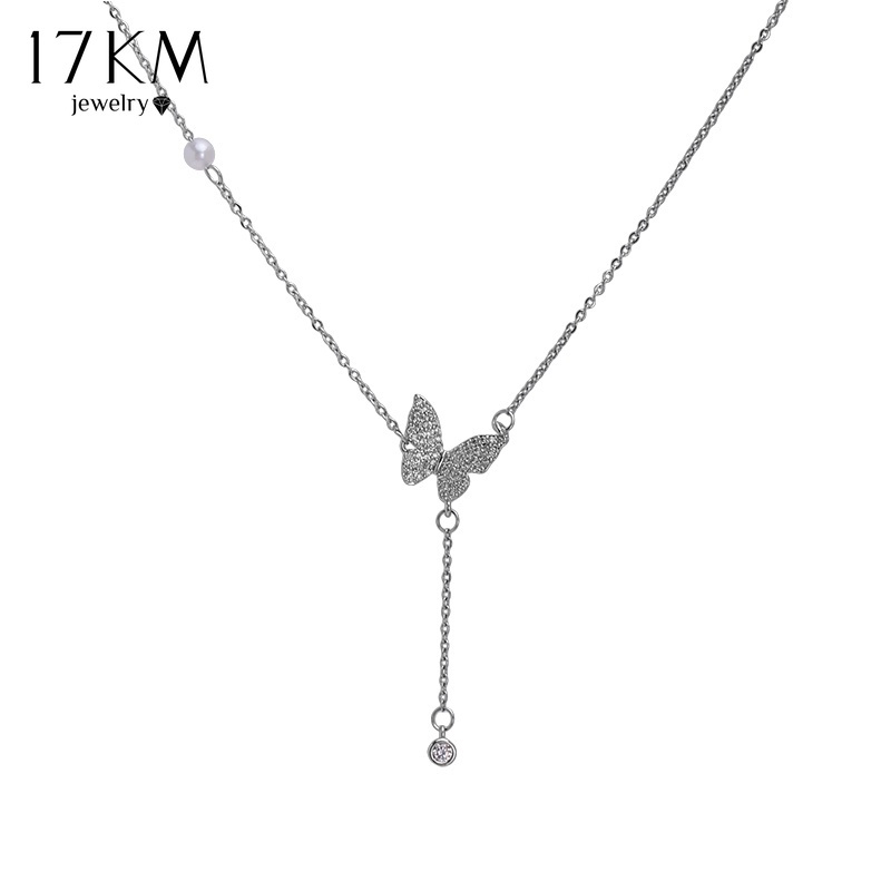 Vòng cổ bạc 17KM mặt hình bướm đính đá và ngọc trai nhân tạo thời trang