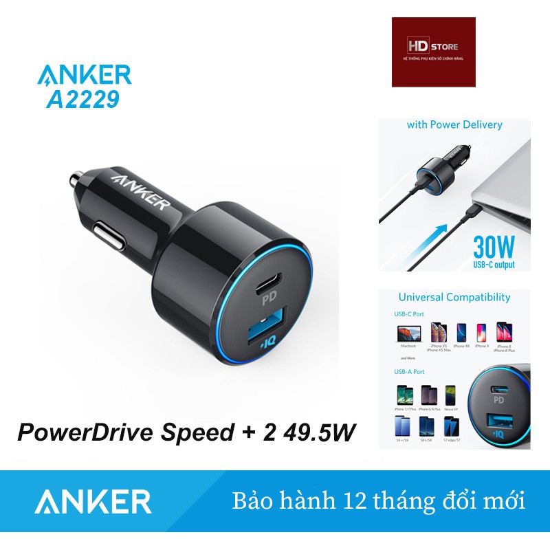 Tẩu Sạc Ô tô Xe Hơi ANKER PowerDrive 2 Cổng 49.5W sạc nhanh PD 30W -  A2229 Sạc nhanh Iphone Samsung Laptop Chính hãng