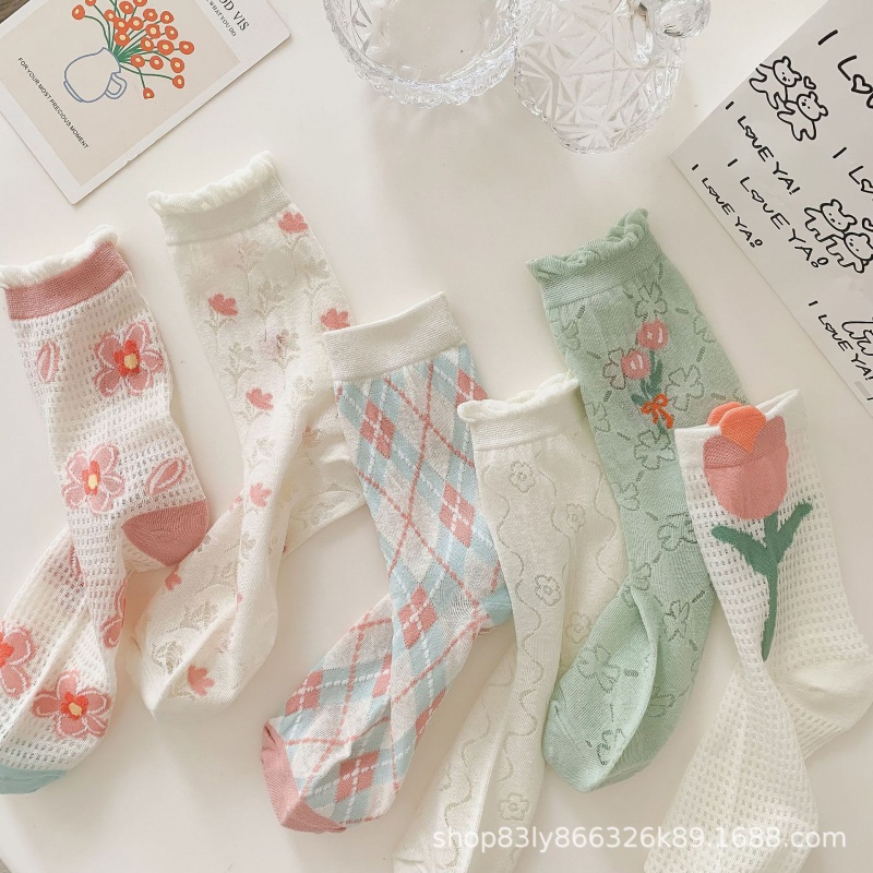 Vớ Lưới Cổ Vừa Thoáng Khí Họa Tiết Hoa Tulip Dễ Thương Phong Cách Nhật Bản Thời Trang Mùa Hè Cho Nữ