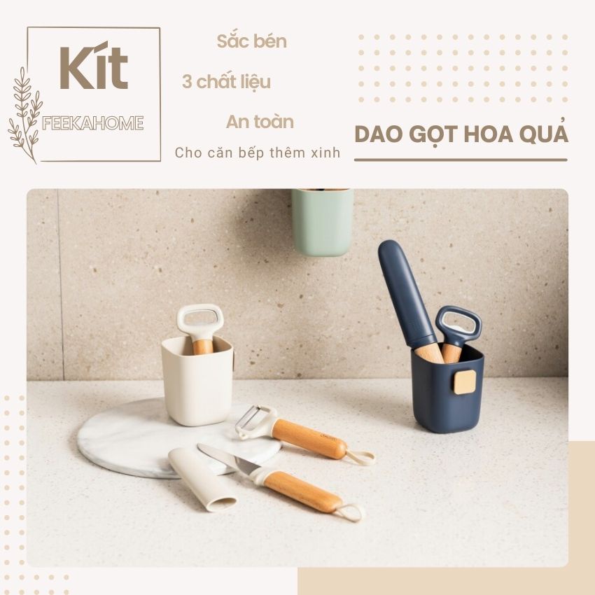 Dao gọt trái cây FEEKA có nắp đậy đi du lịch, dao gọt hoa quả cán gỗ siêu đẹp 27cm