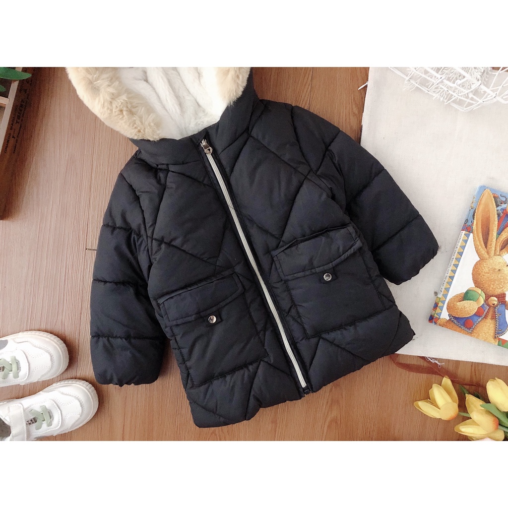 [3-7y] (form nhỏ) Áo khoác có mũ, áo phao parka 3 lớp lót lông màu đen cho bé trai bé gái dư xịn