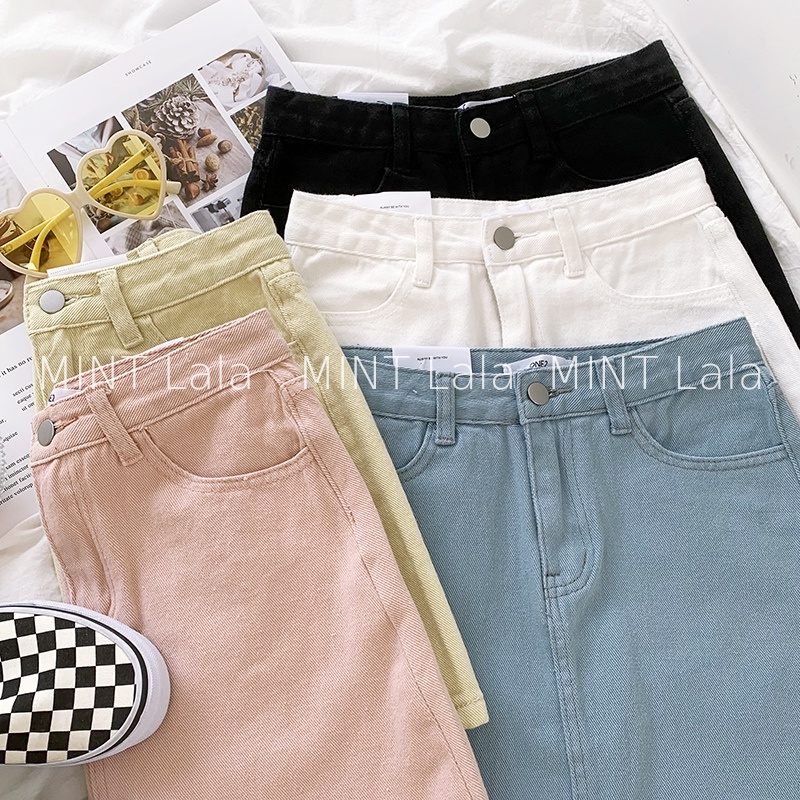 Chân Váy Chữ A Lưng Cao Ngắn Vải Jeans Trắng Đen Be