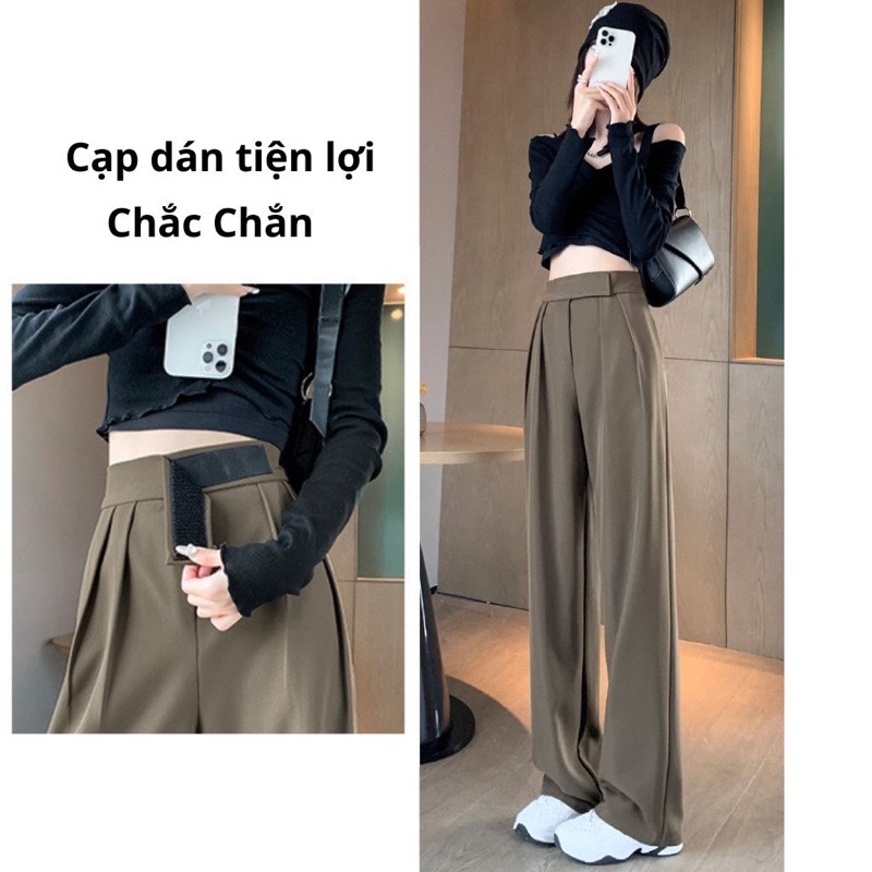 Quần suông ống rộng, quần tây lưng cao cạp dán mã QS02 màu nâu tây, ghi