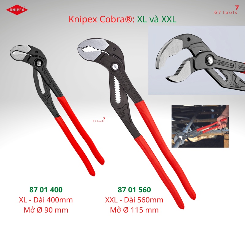 Knipex Cobra® XL 87 01 400 và Cobra® XXL 87 01 560 - Size XL Mở Đến Ø 90 mm và Size XXL Mở Ø 115 mm