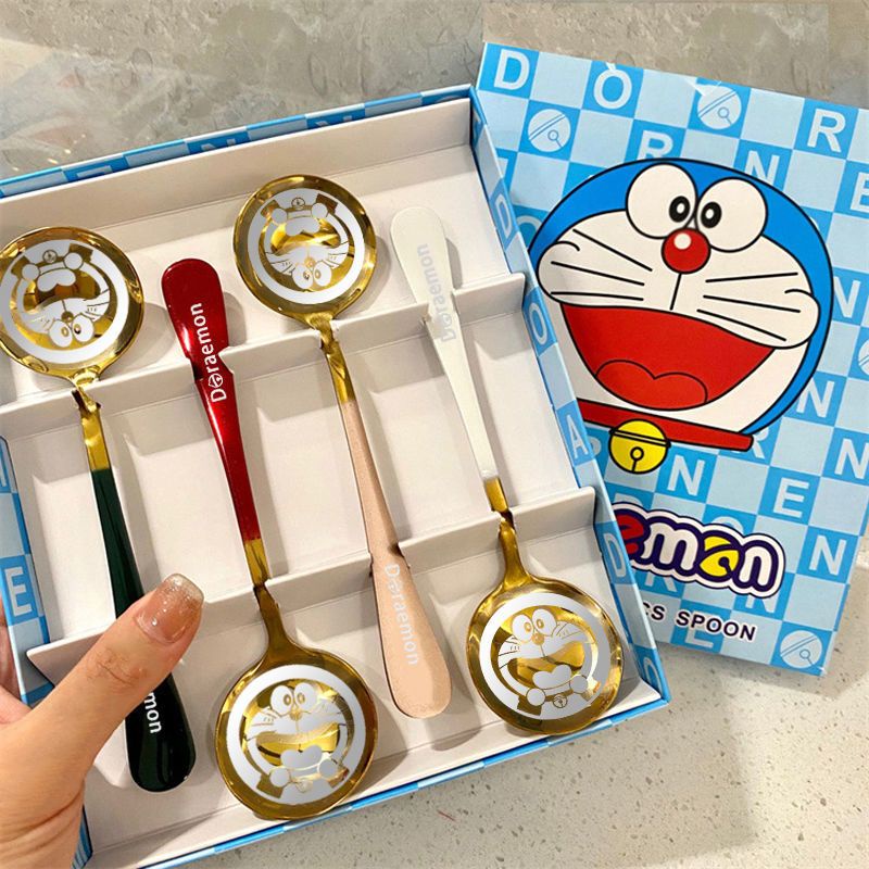 Muỗng cà phê tròn hoạt hình Doraemon màu vàng hồng tinh tế chất liệu thép không gỉ
