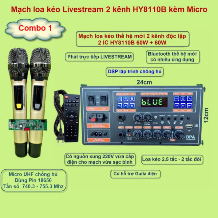 Mạch loa kéo Livestream 2 kênh riêng biệt 2 IC HY8110B 60W + 60W DSP lập trình chống hú có nguồn xung 220V kèm Micro