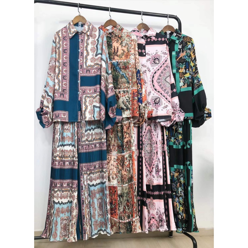 Set Đồ Mùa Thu 2 Món Gồm Áo Tay Dài Xếp Ly In Họa Tiết Hoa + Quần Ống Rộng Phong Cách Hàn Quốc Cho Nữ Mới