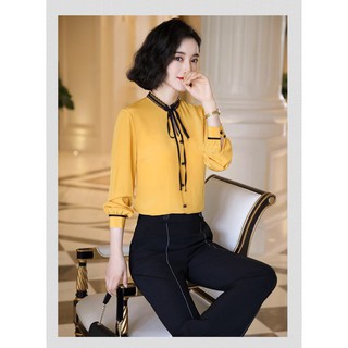 ÁO SƠ MI KIỂU CỔ THẮT NƠ MÀU VÀNG - GT183160