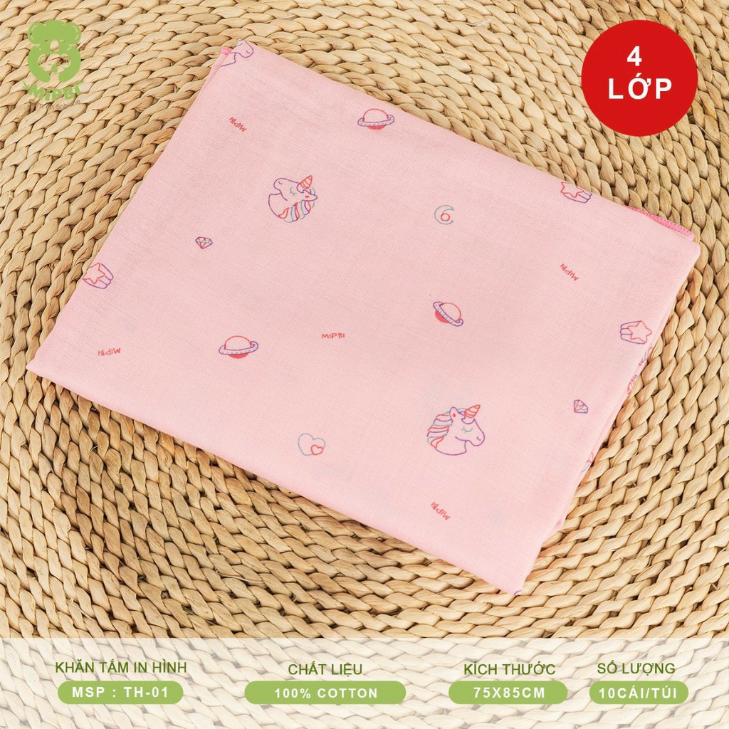 [CHÍNH HÃNG] Khăn tắm 4 lớp cotton cao cấp in hình mềm mại kích thước 75x85cm Gói 1c Mipbi