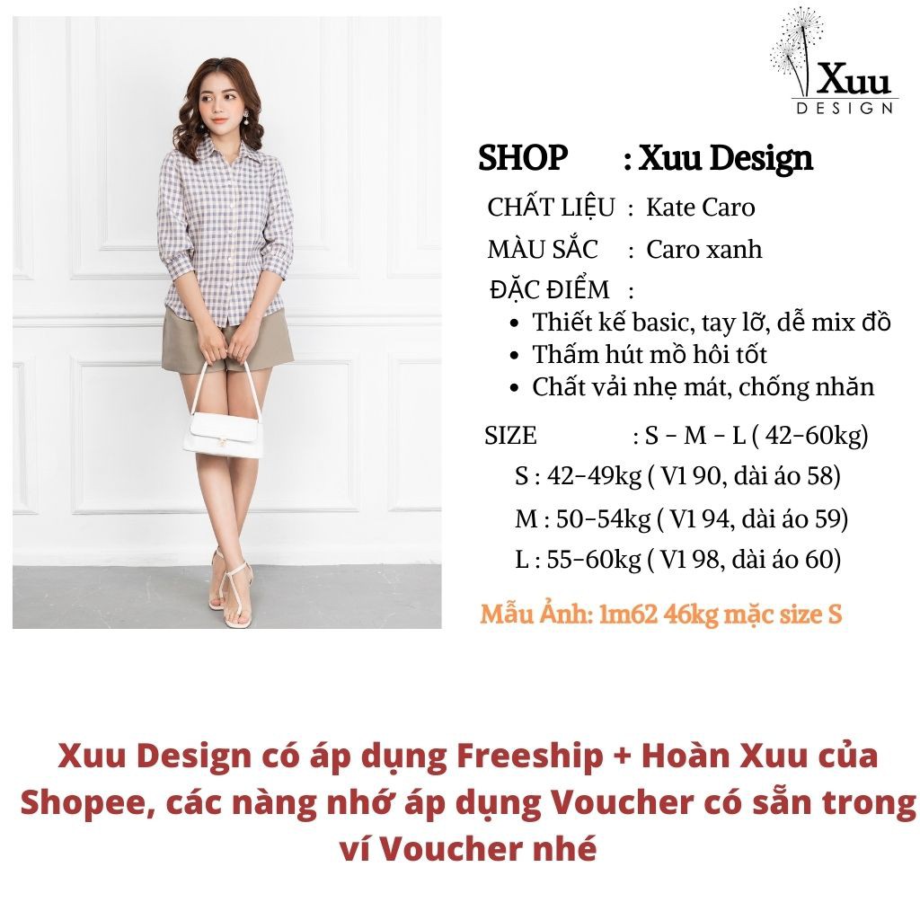 Áo sơ mi nữ Xuu Design, Áo kiểu nữ tay lỡ caro chất Kate cao cấp - Hàng thiết kế Xu02