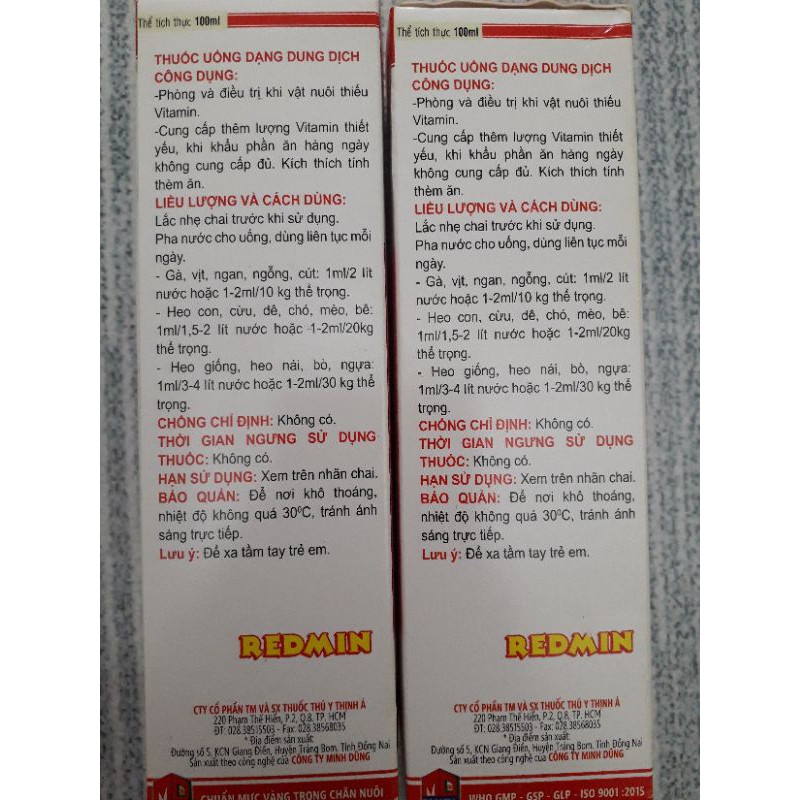 redmin chai 100ml. pha nước uống. tăng lực gà đá, chim cảnh, thú cưng