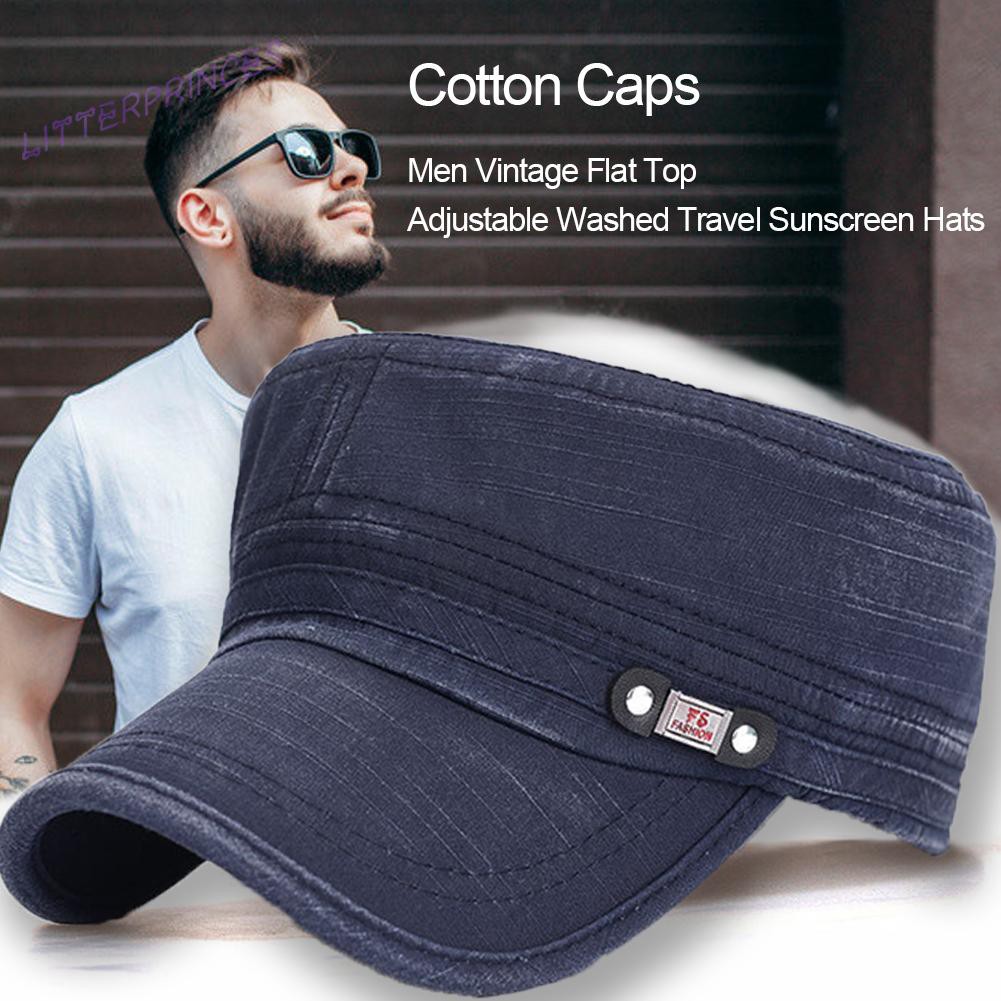 Litterprinces Cotton Caps Men Vintage Flat Top Adjustable Washed Travel Sunscreen Hats