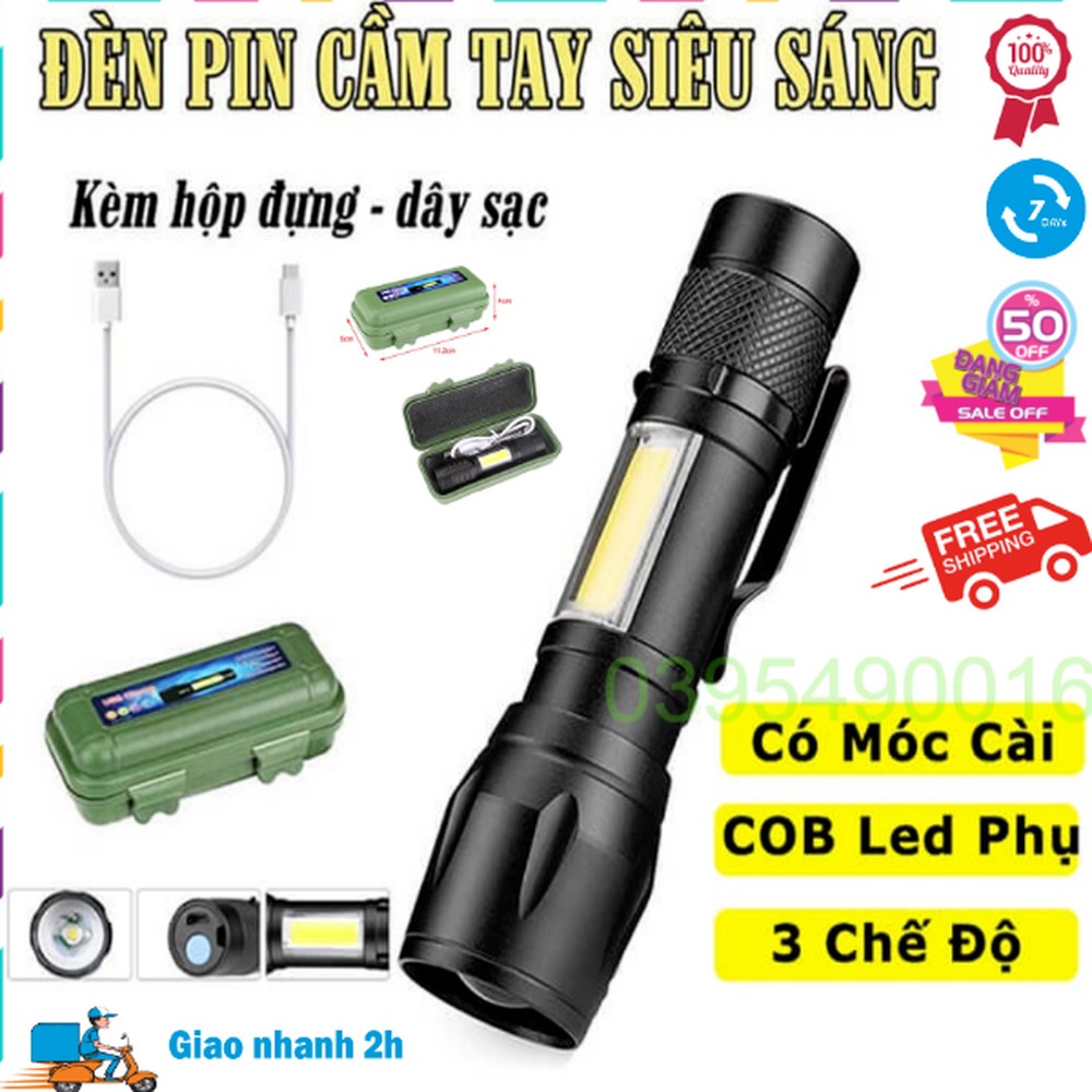 Đèn pin siêu sáng mini bin sạc điện usb bóng led xpe cob có zoom chống nước cầm tay chuyên dụng