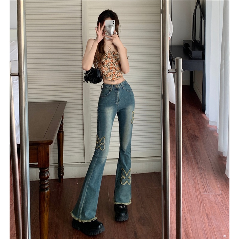 Quần Jean Lưng Cao Co Dãn Với Họa Tiết Thêu Hình Con Bướm Theo Phong Cách Retro Hợp Thời Trang