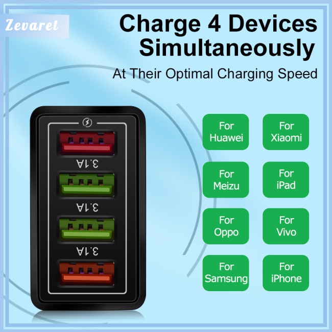 Củ Sạc Zevaret 12w 4 Cổng Usb 3a Phích Cắm Us / Eu / Uk Màu Đen Chất Lượng Cao