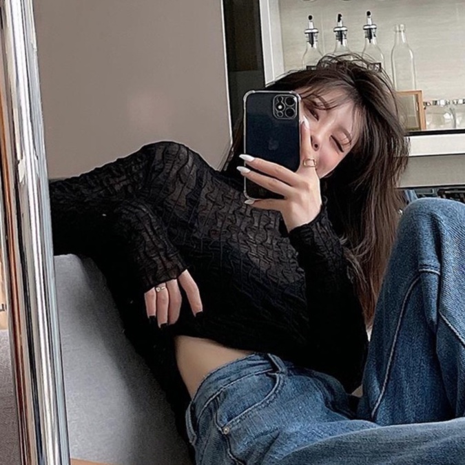 QADCOL  Áo Thun Tay Dài Ôm Dáng Phối Ren Phong Cách Phương Tây Gợi Cảm Hàng Mới