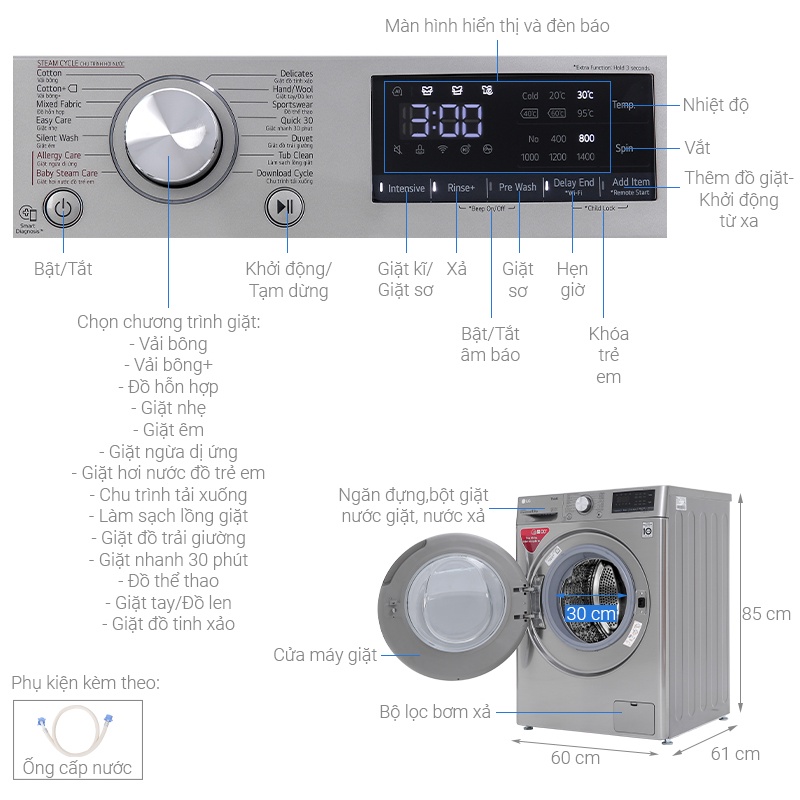 FV1408S4V - Máy Giặt LG AI DD Inverter 8.5 kg FV1408S4V - Công nghệ AI DD bảo vệ sợi vải,Công nghệ giặt hơi nước Steam