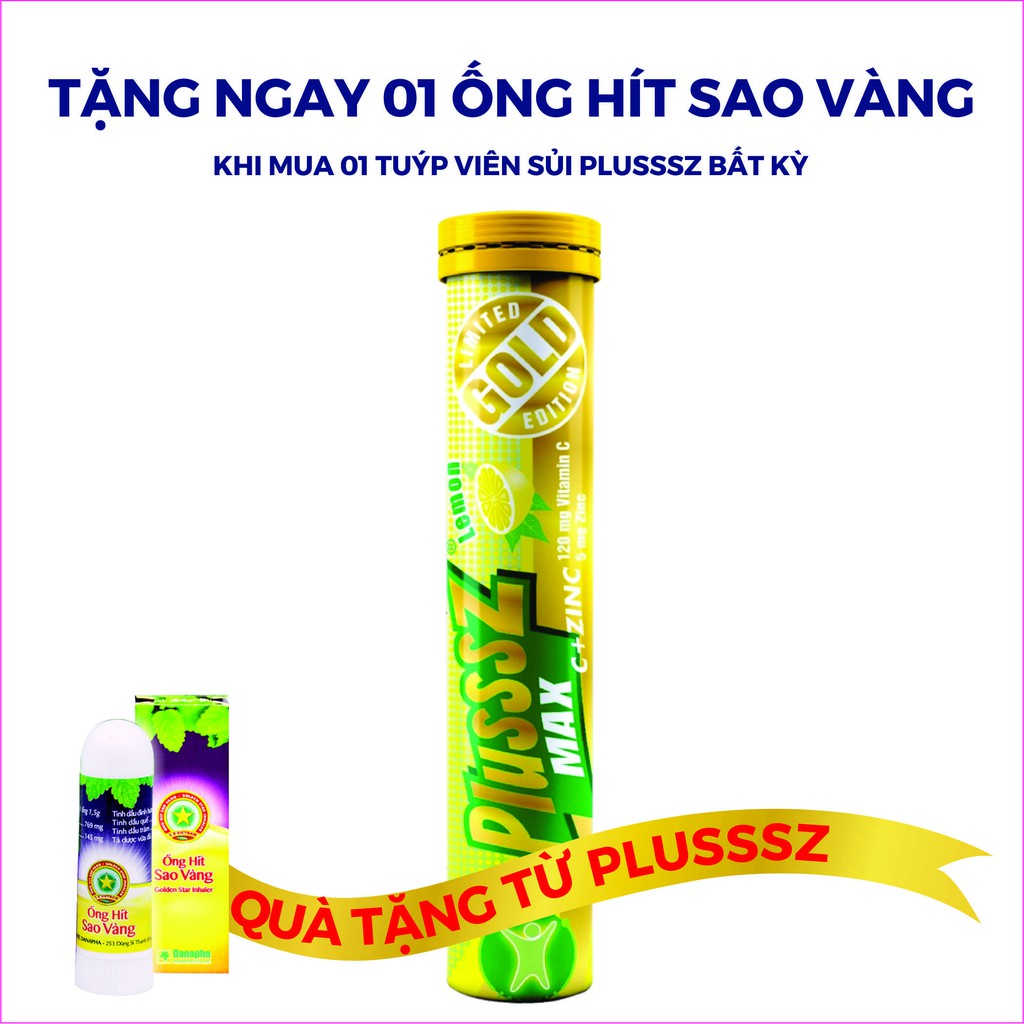 {Mua 1 tặng 1} Viên sủi Plusssz Max Vitamin C vị Chanh không đường tặng 01 ống hít Sao Vàng thông mũi